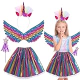 IWTBNOA 4 Stück Einhorn Kostüm Prinzessin Set, Einhorn Kostüm Kinder, Einhorn Haarreif Flügel...