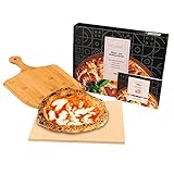 GOURMEO Pizzastein Set mit Bambus-Schaufel - 38x30cm Eckig - Cordierite Pizza Stein für Backofen,...