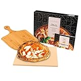 GOURMEO Pizzastein Set mit Bambus-Schaufel - 38x30cm Eckig - Cordierite Pizza Stein für Backofen,...