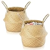 Exquilnova 2 Stück Seegras Korb, Rund Wäschekorb mit Henkel, Gewebt Körbchen Übertopf Bastkorb,...