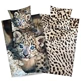 Aminata kids Leoparden Bettwäsche 135x200 - Wendebettwäsche Mikrofaser Mädchen und Jungen -...