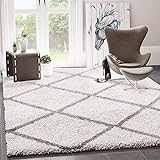 VIMODA Hochflor Shaggy Teppich Rauten Muster Design Wohnzimmer Creme Grau Modern, Maße:140x200 cm