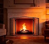 Kingson 3-teilige gewölbte Kaminblende - Schwarzer Schmiedeeisen Funkenschutz - Faltbarer...