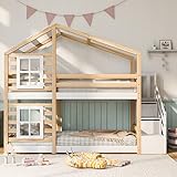 Kehun Etagenbett Kinderbett 90 x 200, Hausbett für 2 Kinder, Hochbett mit Holz Lattenrost, Holzbett...