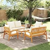 WEMYUFURN 2 Stühle 2 Bänke Kaffeetisch Set Akazienholz Outdoor Möbel Garten Set mit Cremefarbenen...