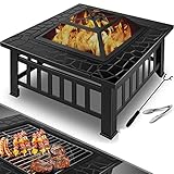 KESSER® Feuerstelle mit Grillrost & Grillzange Feuerschale 82x82x50cm, 3in1 Multifunktional Fire...