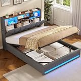 Polsterbett 140×200cm Hydraulisches Stauraumbett mit LED-Bleuchtung Jugendbett mit USB- und...