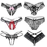6er Packs String Ouvert Damen mit Perlen Blumen Loch Set Frauen,Schwarz Spitze Sexy Unterwäsche Mit...