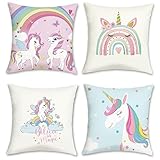 Bonhause 4er Set Kissenbezüge Einhorn 45 x 45 cm Regenbogen Blau Rosa Samt Soft Dekorative...