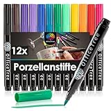 OfficeTree 12 x Porzellanstifte Spülmaschinenfest - 12 Farben - Pinselspitze - Glas und...