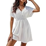 Satohom Damen Kleider Freizeit Einfarbig Sommerkleid V-Ausschnitt Rüschen Knielanges Kleid Lose...