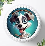 Für den Geburtstag ein Tortenbild, Zuckerbild mit einem Motiv von süßen lustigen Hund mit...