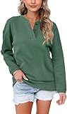 Aokosor Pullover Damen Sweatshirt V Ausschnitt Einfarbig Langarmshirt mit Knöpfen Oberteile für...