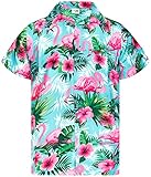 King Kameha Funky Hawaiihemd, Herren, Kurzarm, Flamingo Flowers Print, Türkis Pink, XXL