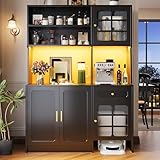 KUAKE Küchenschrank, Buffetschrank mit LED-Beleuchtung, Hochschrank Küchenbuffet mit 4 Türen und...