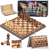 HOVIBU Magnetisches Schachspiel, 3 in 1, Einklappbares Schachbrett aus Holz, Reiseschach, Tragbares...