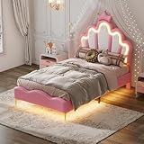 Gepolstertes Kinderbett 90 x 200 cm, LED-Einzelbett für Mädchen, Bettgestell mit...
