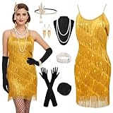 TOSZOLY 20er Jahre Kostüm Damen Set, 1920er Flapper Charleston Kleid mit Pailletten und Fransen,...