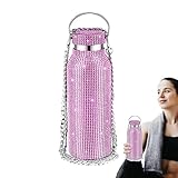 Wasserflasche mit Strasssteinen, 350 ml, Edelstahl, mit Kette, nachfüllbare Thermosflasche für...