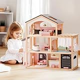 ROBUD Puppenhaus aus Holz,Puppen-Villa mit Möbel,Mit Aufzug, Garage, Pavillon und...