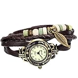 JewelryWe Damen Armbanduhr, Retro geflochten Leder Armband Armreif Armkette Uhr mit Baum Blatt...
