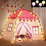 KRUZZEL Kinderzelt Spielzelt mit LED-Lichterkette Rosa-Weiß - Prinzessinnen Spielzelt für...