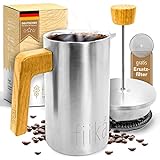 fiika French Press 1 Liter mit Holzgriff Eiche – plastikfreier Kaffeebereiter mit Thermoeffekt...