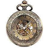 ManChDa Unisex Taschenuhr mit Kette Analog Handaufzug Antik Skelett Lupe Bronze