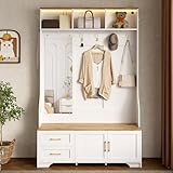 Oslghy Garderobenset Wandgarderobe mit LED Beleuchtung, Garderoben Set mit Spiegel und Schuhbank,...