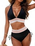 Hicodbek Bikini Damen Set Sexy Badeanzug Bademode Hohe Taille Farbblock Zweiteiliger Kordelzug...