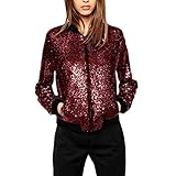De feuilles Glitzernde Baseballjacke für Damen, Reißverschluss, langärmelig, Paillettenmantel,...
