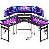 ODK Gaming Schreibtisch mit LED, Gaming Tisch mit 2 Steckdosen und 2 USB Ladeanschluss,...