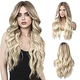LUFFLOK Lange Lockige Ombre Braun zu Blond Perücken für Frauen 68cm Lange Perücken Damen Lockige...