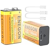 ENEGON 2er-Pack 9V wiederaufladbare Lithium-Batterien, 1100mAh (9900mWh) mit USB-C-Schnellladung –...