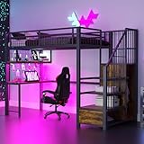 WIZBED Hochbett Metallbett 90x200cm mit LED & USB, Treppe, Schreibtisch, Bettrahmen Etagenbett mit...