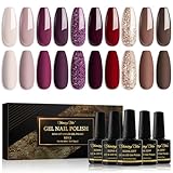 Shining She UV Nagellack,10 Farben Nude Beige Rot Dunkelviolett Dunkelrot Braun Golden Glitzer Gel...
