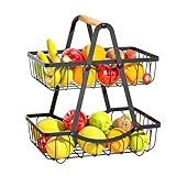 2 Stöckig Obstkorb Etagere, Obstschale Metall Schwarz mit Holzgriff, 2 Etagen Obstschale Moderne...