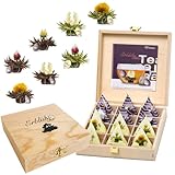 Creano Teelini Teeblumen im Tassenformat, Geschenkset in Teekiste aus Holz, 12 Erblühteelini in 8...