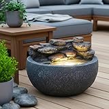 LED Zimmerbrunnen & Gartenbrunnen in Steinoptik Ø 42 cm – mit warmweißer Beleuchtung, Wasserfall...