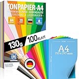 100 Blatt TONPAPIER - Buntes Papier DIN A4-130g/m² Set 20 Farben – Stabil Bastelpapier & Farbige...