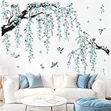 wondever Wandtattoo Baum Ast Blüten Groß Wandaufkleber Hängende Blumen Blau Wandsticker Wanddeko...