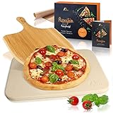 Amazy Pizzastein inkl. Bambus Pizzaschaufel, Dauerbackfolie und Beileger – Der...