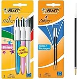 BIC 4 Farben Kugelschreiber Set 4 Colours Shine 3er Pack & 2er Pack Kugelschreiberminen blau,...