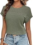 Chicrise Bluse Damen Elegant Kurzarm Spitzen Oberteile Häkel Rundhals Tshirt Sommer Grün XL Groß...