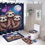 4-teilige Duschmatte mit dem Motiv „Full Moon Space Faultier Family + Konturmatte und...