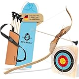 BOWRILLA® Pfeil und Bogen Kinder Set mit 6 Saugnapf-Pfeilen, Zielscheibe aus Holz und Köcher |...