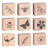 9 Stück Vintage Holzstempel,Stempel Holz,Schmetterling Blumen Motive Holzstempel Set,Naturpflanzen...