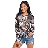 Damen-Bluse, langärmelig, durchsichtig, Netzstoff, rund, Größe S-2XL, Mehrfarbig 3, L