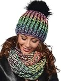 Damen Strickmütze & Loop mit großer Kombiset Kunstfell Bommel Strickset Beanie mit Fellbommel +...