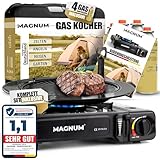 Magnum® Gaskocher mit Grillplatte inkl. 4 Gaskartuschen - robuster Campingkocher mit Gaskartusche...